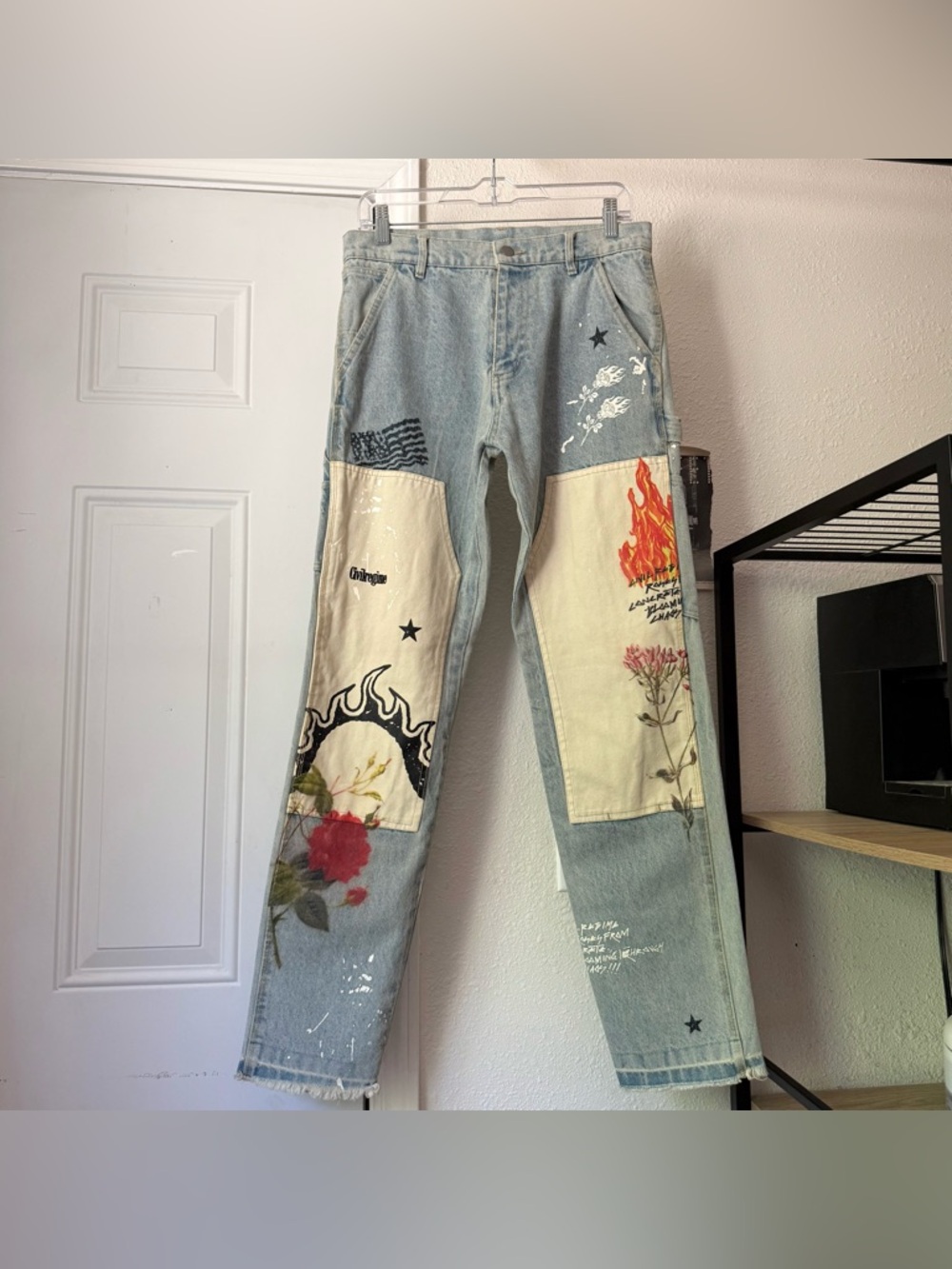 CIVIL REGIME men’s blue utility hand painted contrast rose slim straight jeans‎